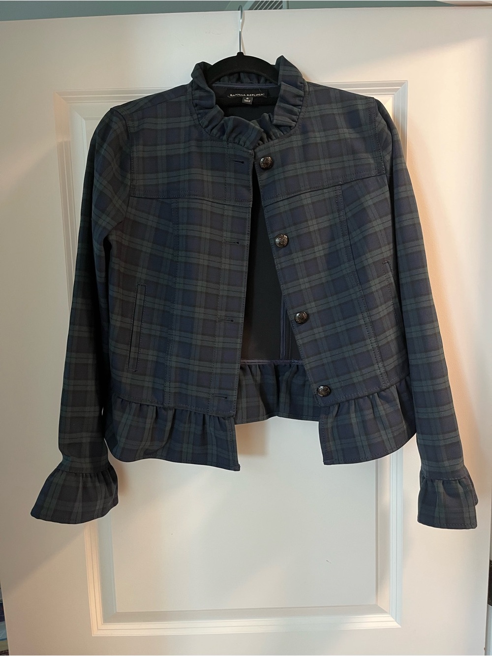Banana Republic Navy & Green Plaid Ruffle Jacket